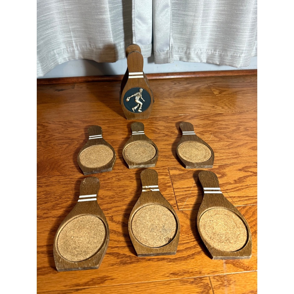 Vintage MCM Set of 6 Wood & Cork Bowling Pin Coasters in Caddy